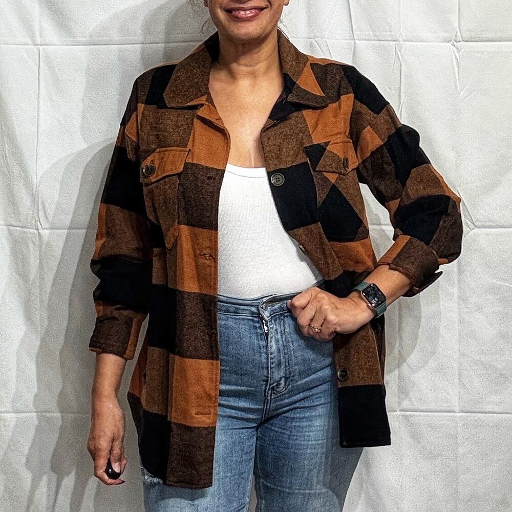 Blu Pepper Orange Plaid Buffalo Print Shacket Sz S